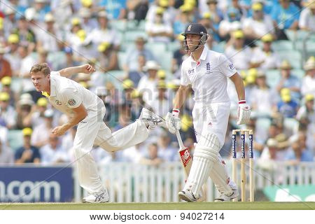 LONDON, ENGLAND - August 22 2013: Ryan Harris bowling during day two of the 5th Investec Ashes cricket match between England and Australia played at The Kia Oval Cricket Ground