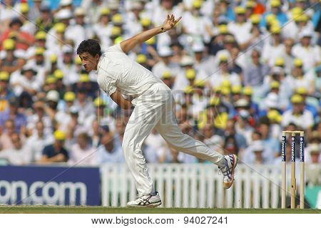 LONDON, ENGLAND - August 22 2013: Ryan Harris bowling during day two of the 5th Investec Ashes cricket match between England and Australia played at The Kia Oval Cricket Ground