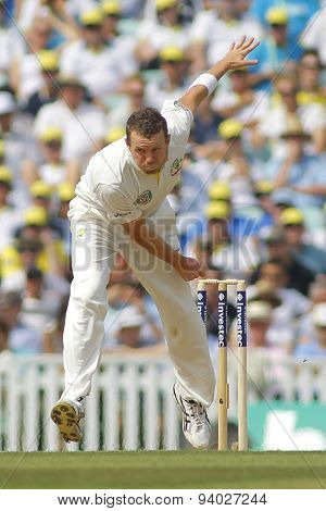 LONDON, ENGLAND - August 22 2013: Ryan Harris bowling during day two of the 5th Investec Ashes cricket match between England and Australia played at The Kia Oval Cricket Ground