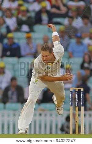 LONDON, ENGLAND - August 22 2013: Ryan Harris bowling during day two of the 5th Investec Ashes cricket match between England and Australia played at The Kia Oval Cricket Ground