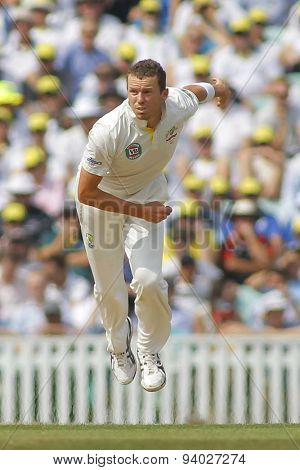 LONDON, ENGLAND - August 22 2013: Ryan Harris bowling during day two of the 5th Investec Ashes cricket match between England and Australia played at The Kia Oval Cricket Ground