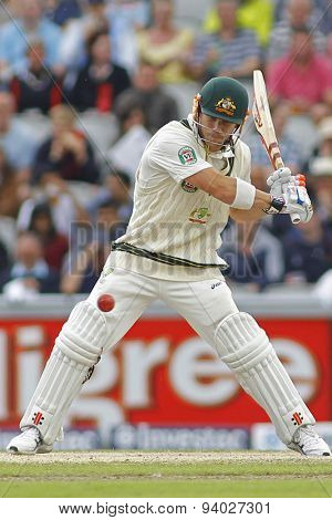 MANCHESTER, ENGLAND - August 04 2013: David Warner batting during day four of  the Investec Ashes 4th test match at Old Trafford Cricket Ground, on August 04, 2013 in London, England.