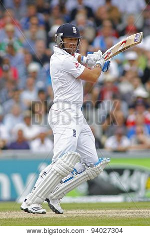 MANCHESTER, ENGLAND - August 04 2013: Matt Prior plays a shot during day four of  the Investec Ashes 4th test match at Old Trafford Cricket Ground, on August 04, 2013 in London, England.