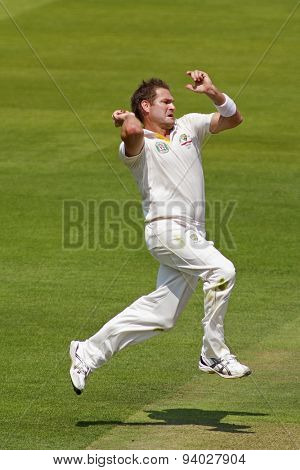 LONDON, ENGLAND - July 18 2013: Ryan Harris bowling on day one of the Investec Ashes 2nd test match, at Lords Cricket Ground on July 18, 2013 in London, England.