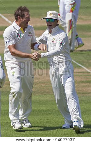 LONDON, ENGLAND - July 18 2013: Ryan Harris celebrates taking the wicket of Jonathan Trott on day one of the Investec Ashes 2nd test match, at Lords Cricket Ground on July 18, 2013 in London, England.