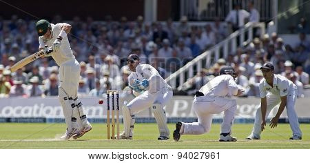 LONDON, ENGLAND - July 19 2013: Shane Watson, Matt Prior, Ian Bell and Jonathan Trott during day two of the Investec Ashes 2nd test match, at Lords Cricket Ground on July 19, 2013 in London, England.