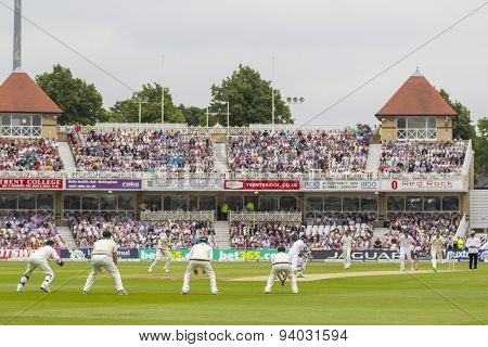NOTTINGHAM, ENGLAND - July 10, 2013: A general view of the Australian slip fielders as Joe Root bats during day one of the first Investec Ashes Test match at Trent Bridge Cricket Ground
