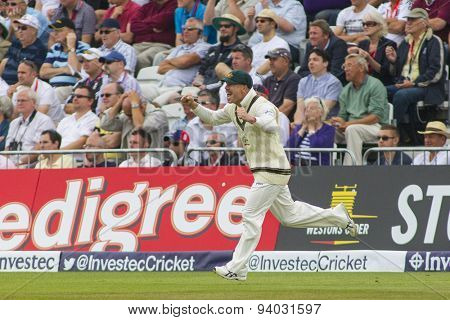 NOTTINGHAM, ENGLAND - July 10, 2013: Australia's 12th man David Warner  celebrates the wicket of Jonathan Trott during day one of the first Investec Ashes Test match at Trent Bridge Cricket Ground