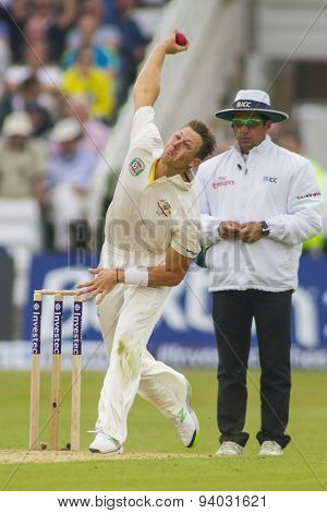 NOTTINGHAM, ENGLAND - July 10, 2013: Australia's James Pattinson and umpire Aleem Dar during day one of the first Investec Ashes Test match at Trent Bridge Cricket Ground on July 10, 2013