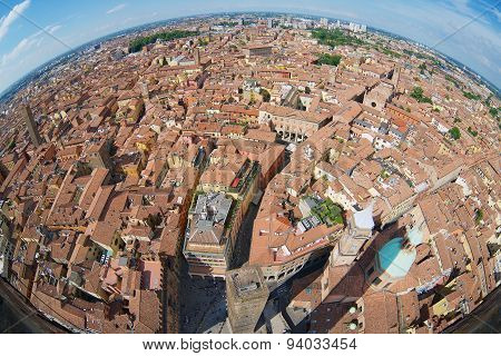 View from the top of Asinelli tower with a fish eye lens to Bologna, Italy.