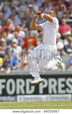 MANCHESTER, ENGLAND - August 01 2013: Tim Bresnan bowling during day one of  the Investec Ashes 3rd test match at Old Trafford Cricket Ground, on August 01, 2013 in London, England.