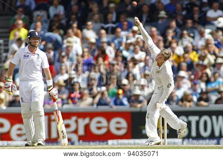 MANCHESTER, ENGLAND - August 03 2013: Ian Bell and Steven Smith during day three of  the Investec Ashes 3rd test match at Old Trafford Cricket Ground, on August 03, 2013 in London, England.