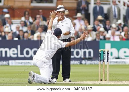 LONDON, ENGLAND - July 21 2013: umpire Marais Erasmus signals out for Shane Watson (not pictured) as Jonathan Trott appeals for the wicket during day four of the Investec Ashes 2nd test match