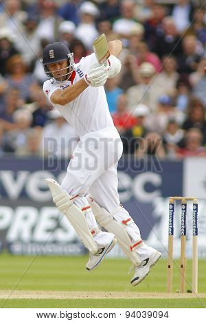 CHESTER LE STREET, ENGLAND - August 09 2013: Jonathan Trott plays a shot during day one of the Investec Ashes 4th test match at The Emirates Riverside Stadium, on August 09, 2013 in London, England.