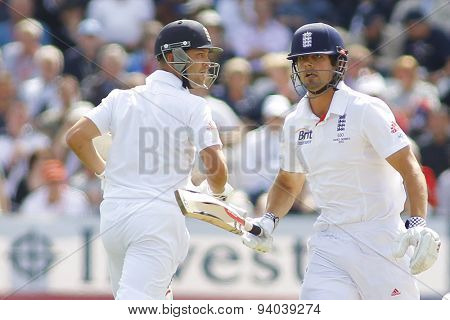 CHESTER LE STREET, ENGLAND - August 09 2013: Jonathan Trott and Alastair Cook run a single during day one of the Investec Ashes 4th test match at The Emirates Riverside Stadium