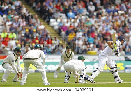 CHESTER LE STREET, ENGLAND - August 09 2013: Usman Khawaja, Michael Clarke, Chris Rogers, Brad Haddin and Kevin Pietersen during day one of the Investec Ashes 4th test match