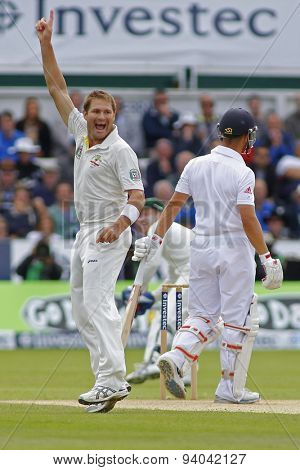 CHESTER LE STREET, ENGLAND - August 11 2013: Ryan Harris celebrates taking the wicket of Jonathan Trott during day three of the Investec Ashes 4th test match at The Emirates Riverside Stadium