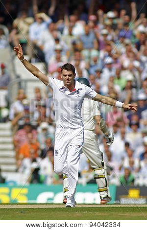 LONDON, ENGLAND - August 21 2013: James Anderson celebrates taking the wicket of David Warner during day one of the 5th Investec Ashes cricket match between England and Australia 