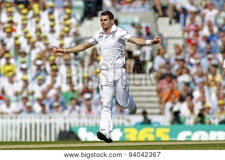 LONDON, ENGLAND - August 21 2013: James Anderson celebrates taking the wicket of David Warner during day one of the 5th Investec Ashes cricket match between England and Australia