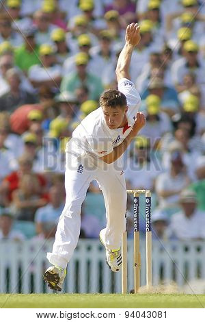 LONDON, ENGLAND - August 21 2013: Chris Woakes bowling during day one of the 5th Investec Ashes cricket match between England and Australia played at The Kia Oval Cricket Ground on August 21, 2013