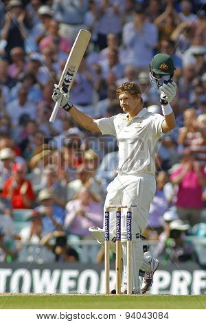 LONDON, ENGLAND - August 21 2013: Shane Watson raises his bat to acknowledge the crowd after scoring a century during day one of the 5th Investec Ashes cricket match between England and Australia