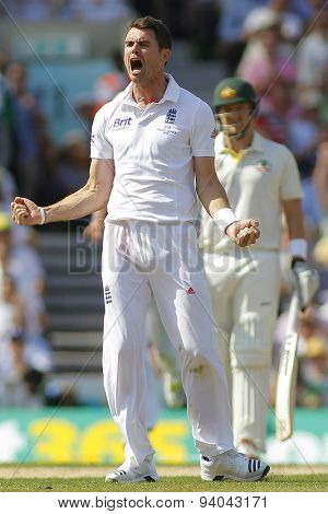 LONDON, ENGLAND - August 21 2013: James Anderson celebrates taking the wicket of Michael Clarke during day one of the 5th Investec Ashes cricket match between England and Australia 