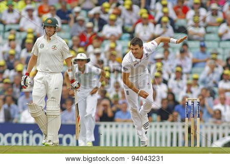 LONDON, ENGLAND - August 22 2013: Peter Siddle and James Anderson during day two of the 5th Investec Ashes cricket match between England and Australia played at The Kia Oval Cricket Ground