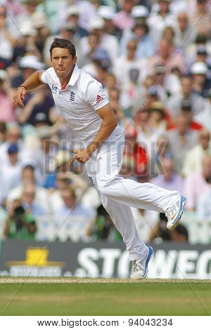LONDON, ENGLAND - August 21 2013: Simon Kerrigan bowling during day one of the 5th Investec Ashes cricket match between England and Australia played at The Kia Oval Cricket Ground on August 21, 2013