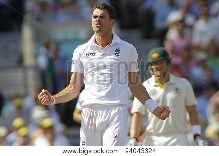 LONDON, ENGLAND - August 21 2013: James Anderson celebrates taking the wicket of Michael Clarke during day one of the 5th Investec Ashes cricket match between England and Australia 