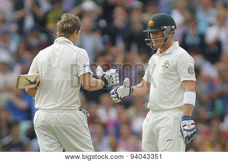 LONDON, ENGLAND - August 22 2013: Steven Smith is congratulated by Brad Haddin after scoring his maiden century during day two of the 5th Investec Ashes cricket match between England and Australia