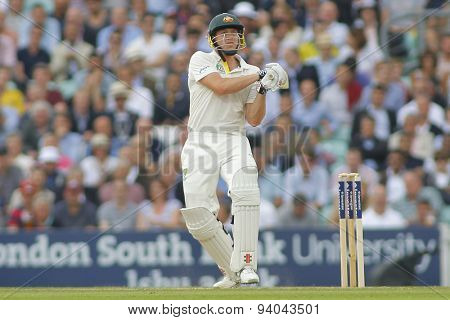 LONDON, ENGLAND - August 22 2013: James Faulkner plays a shot during day two of the 5th Investec Ashes cricket match between England and Australia played at The Kia Oval Cricket Ground