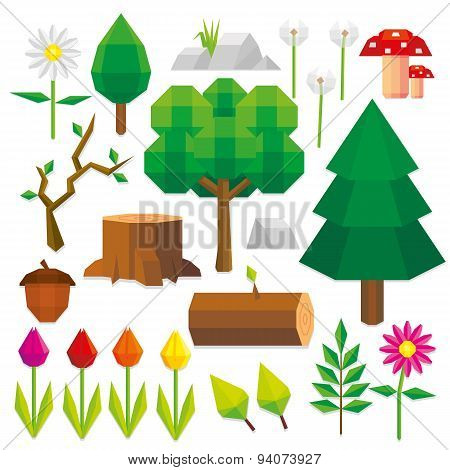 Vector Set Of Low Poly Style Nature Elements Isolated