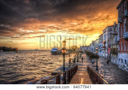 Beautiful Sunset In The Sea Shore Of A Mediterranean Sea, Venice, Italy (hdr)