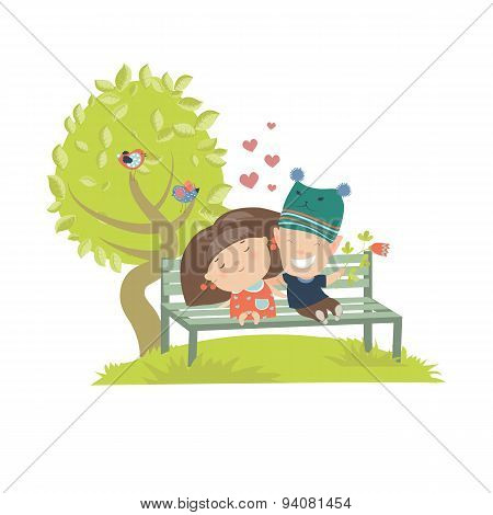 Couple teenagers sitting on the bench
