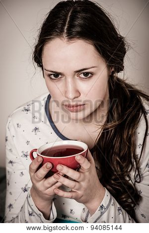 Asian Caucasian Woman With Flu  And Feaver