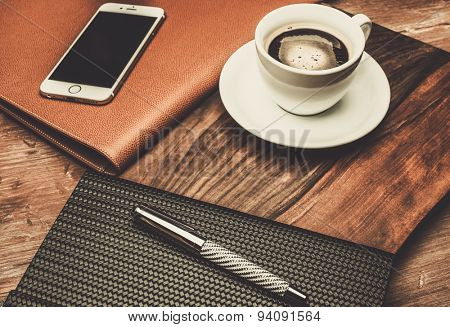 Luxurious businessman tools on a wooden table 