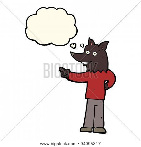 cartoon wolf man pointing with thought bubble