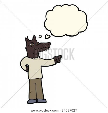 cartoon pointing wolf man with thought bubble