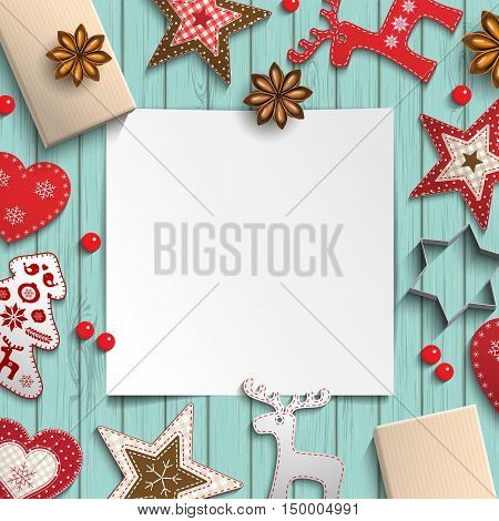 Abstract christmas background, white sheet of paper lying among small scandinavian styled decorations on blue wooden desk, inspired by flat lay style, vector illustration, eps 10 with transparency