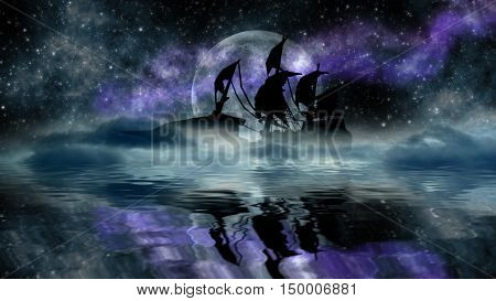silhouette of merchant ships under a full moon