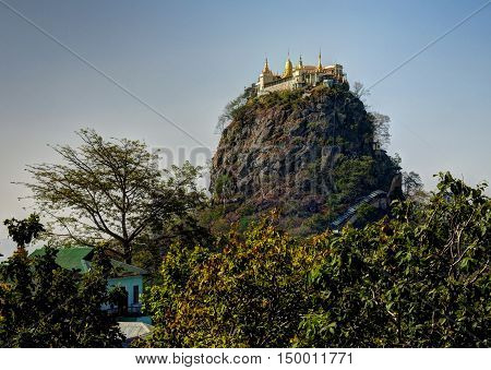 View of Popa mountain and monastery Bagan region Myanmar