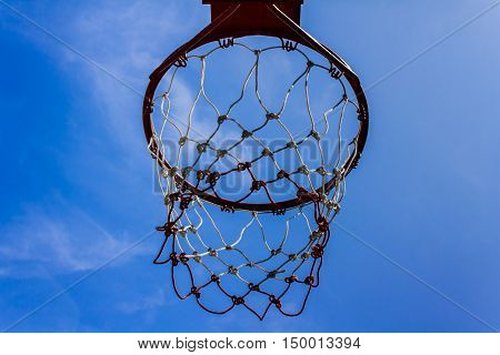 A view of a basketball hoop from below