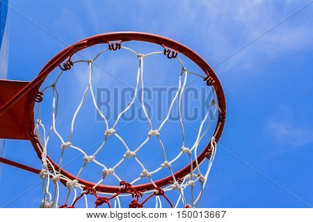 A view of a basketball hoop from below
