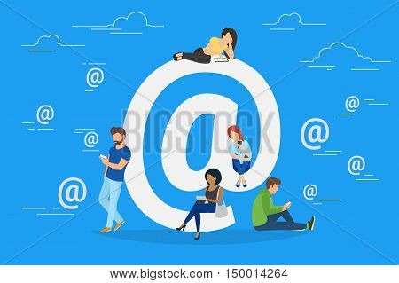 Symbol at concept illustration of young people using mobile gadgets such as tablet pc and smartphone for social networking and sharing via internet. Flat design of guys and women near big at symbol