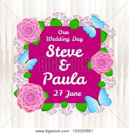 Wedding card template with flowers and butterflies light wood background