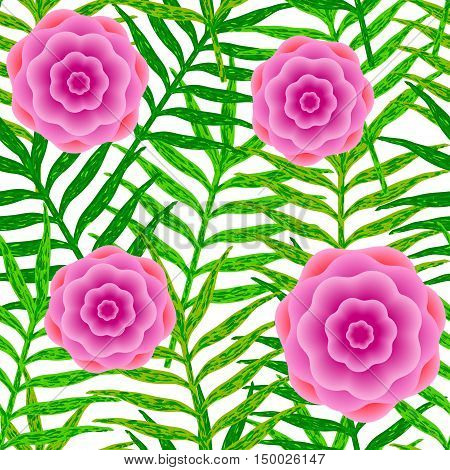 Vector seamless pattern from green leaves and pink flowers on the white background