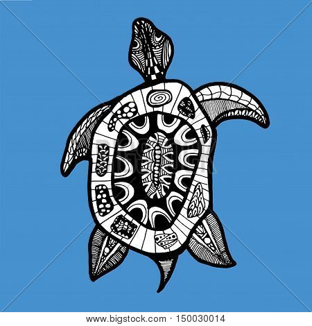 Turtle. Sea turtle. The inhabitants of the sea. Animal. Zoo. Herbivores. Line art. Tattoo. Black and white. Stylized. Decorative. Drawing by hand. Isolated. Background.