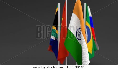 Illustration 3D Render, Flags Of The Five Countries Of The Brics