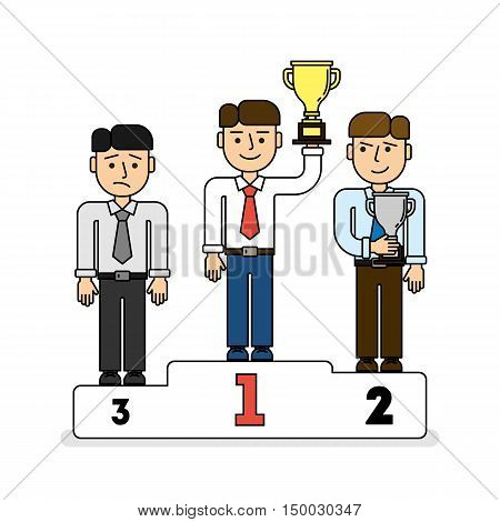 Three men on pedestal. Three places. Leader with golden cup, secon place with silver cup. Sad third contestant.