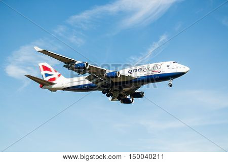 London, Heathrow, UK - 03 october 2016: Boeing 747 Jumbo jet British Airways landing at London Heathrow airport